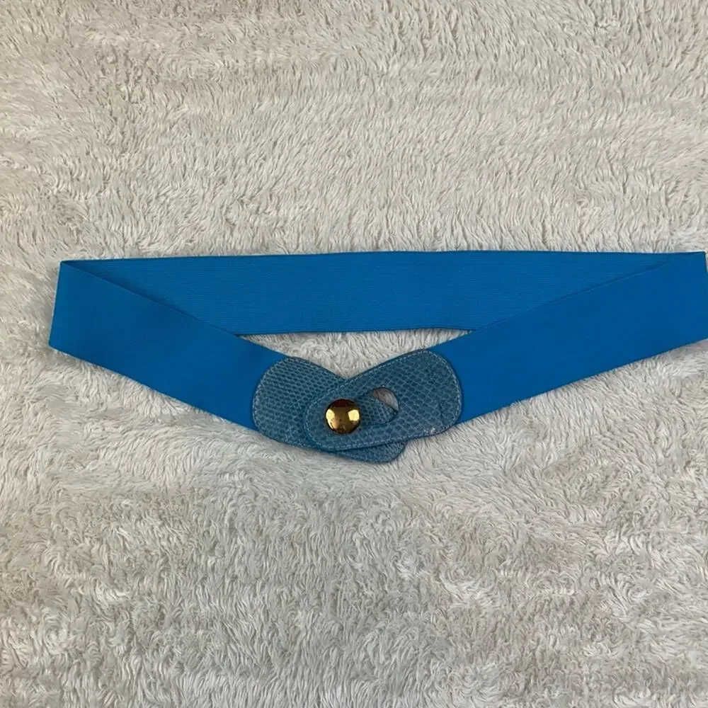 Unbranded genuine Snakeskin accent elastic belt in blue, size med‎